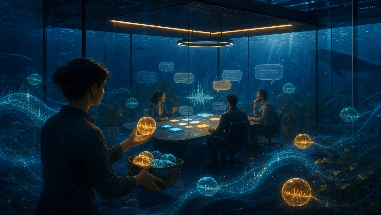 Illustration zu Fathom: Meetingnotizen entstehen aus Audiowellen und Gespraechsmomenten