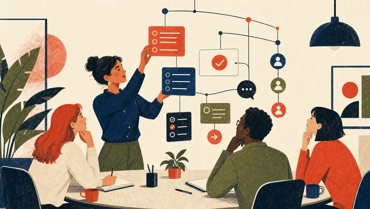 Illustration for Fellow.app: team organizes agenda, decisions and tasks in a meeting