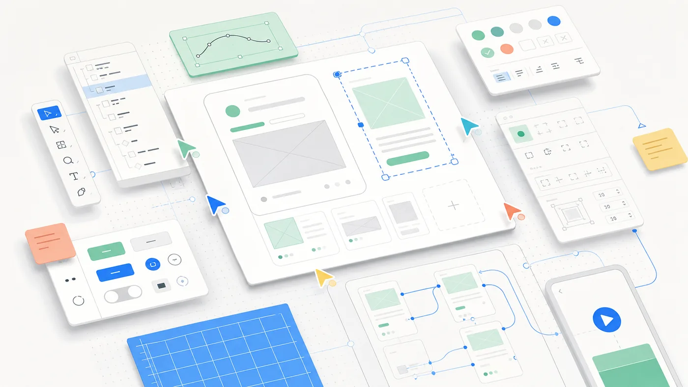 Illustration for Figma: collaborative design canvas made of components, cursors and handoff cards