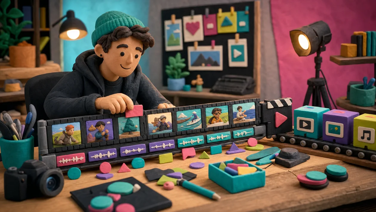 Illustration for Filmora: creator edits scenes, audio tracks and export cards