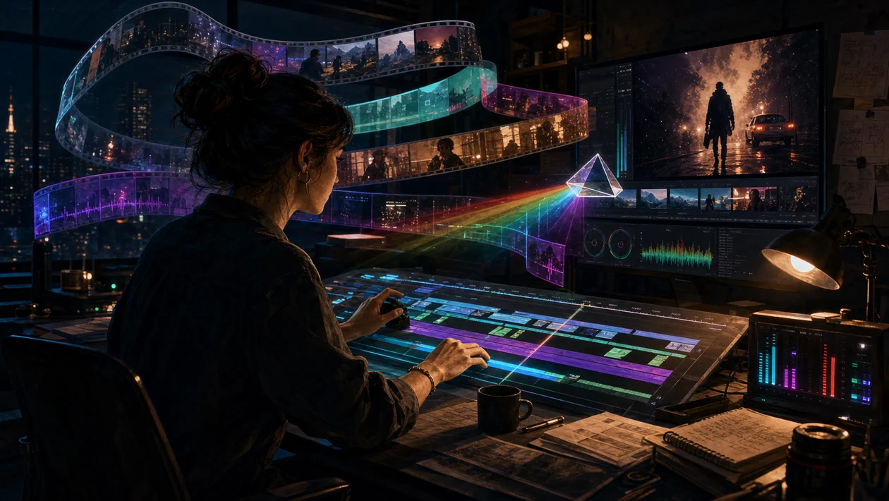 Illustration for Final Cut Pro: film studio with timeline, color grading and editing desk