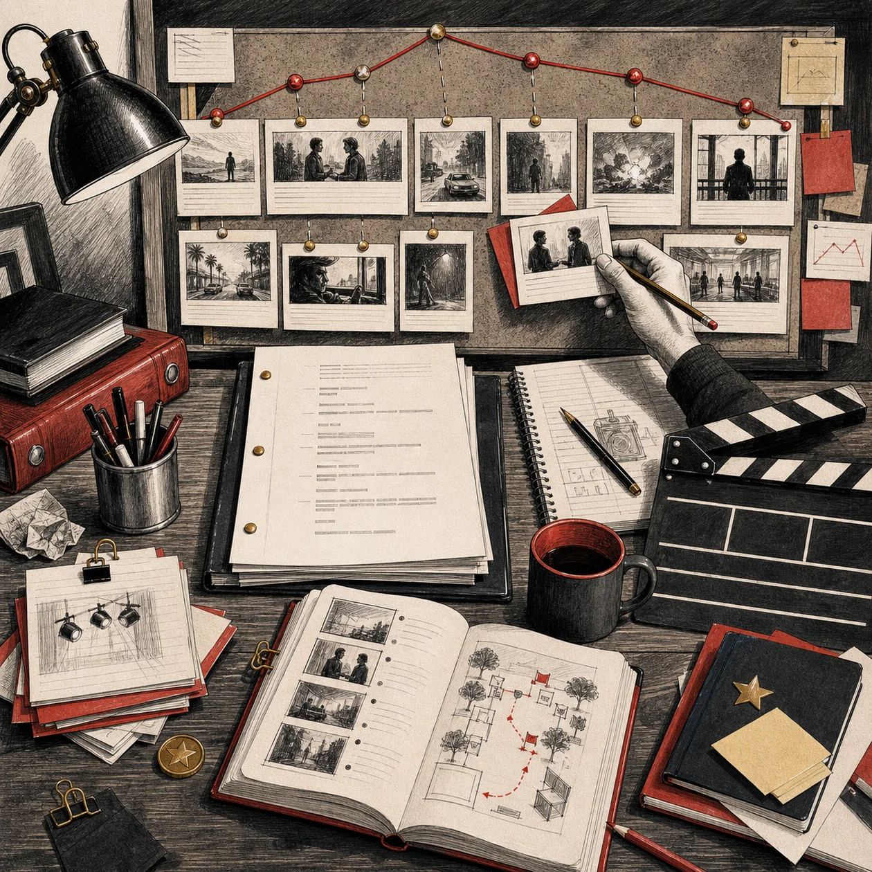 Illustration for Final Draft: script room with beat cards, story arc, and production clapper