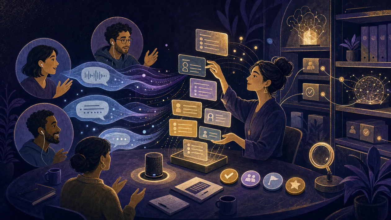 Illustration for Fireflies.ai: conversations become notes, actions and a memory archive