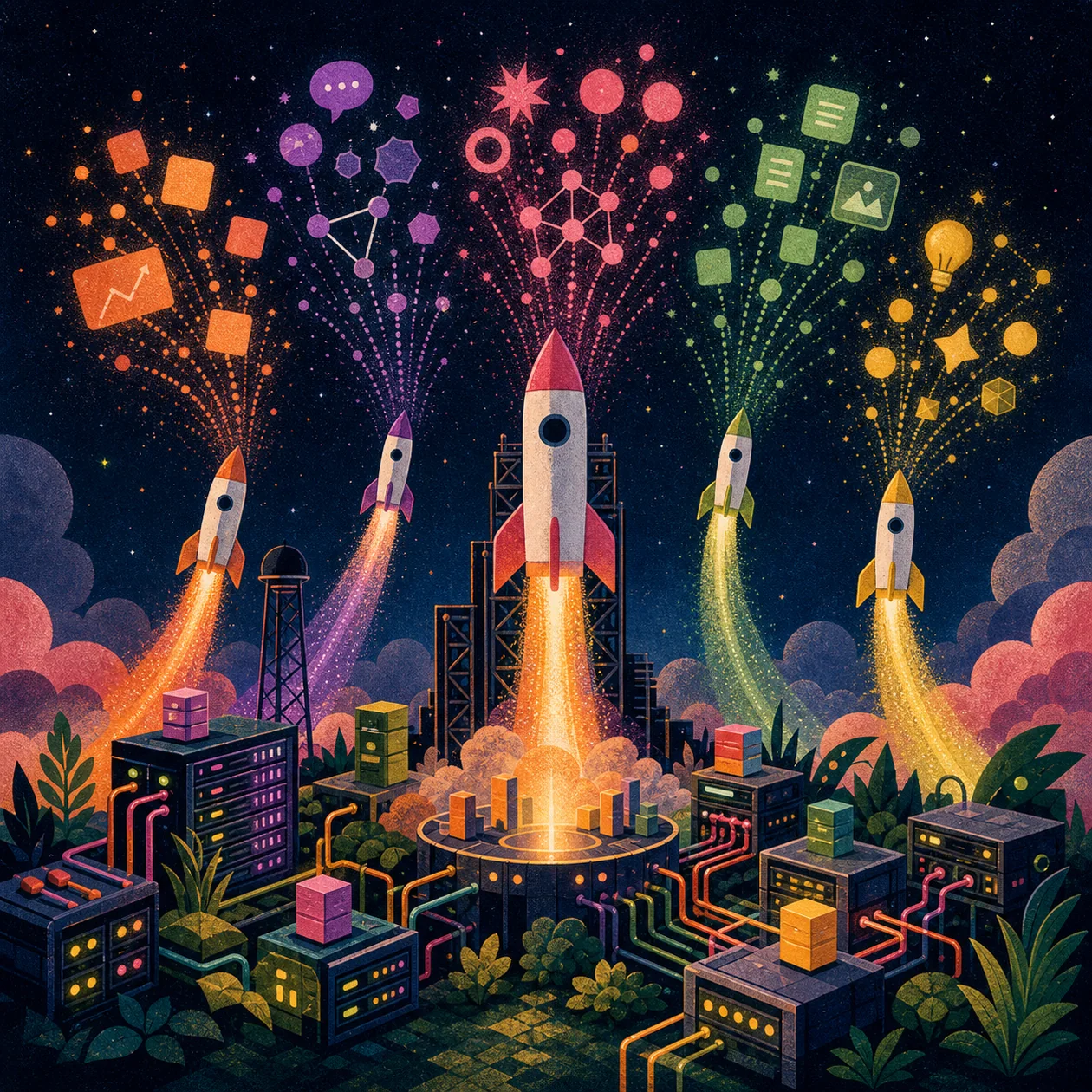 Illustration for Fireworks AI: model rockets launching inference bursts over a server landscape