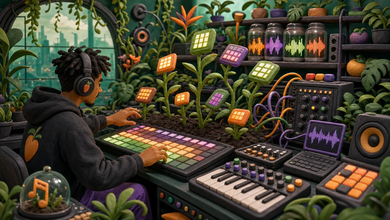 Illustration for FL Studio: music production with sequencer garden, synths and rhythm blocks