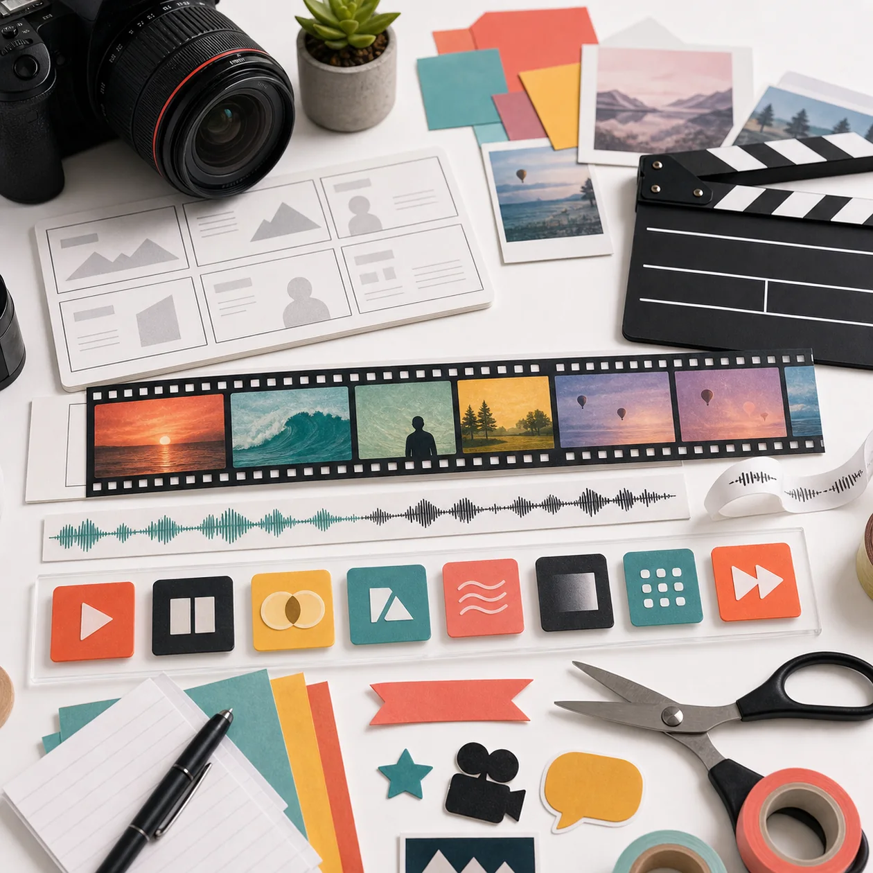 Illustration for FlexClip: video table with storyboard cards, scene strips, and transitions