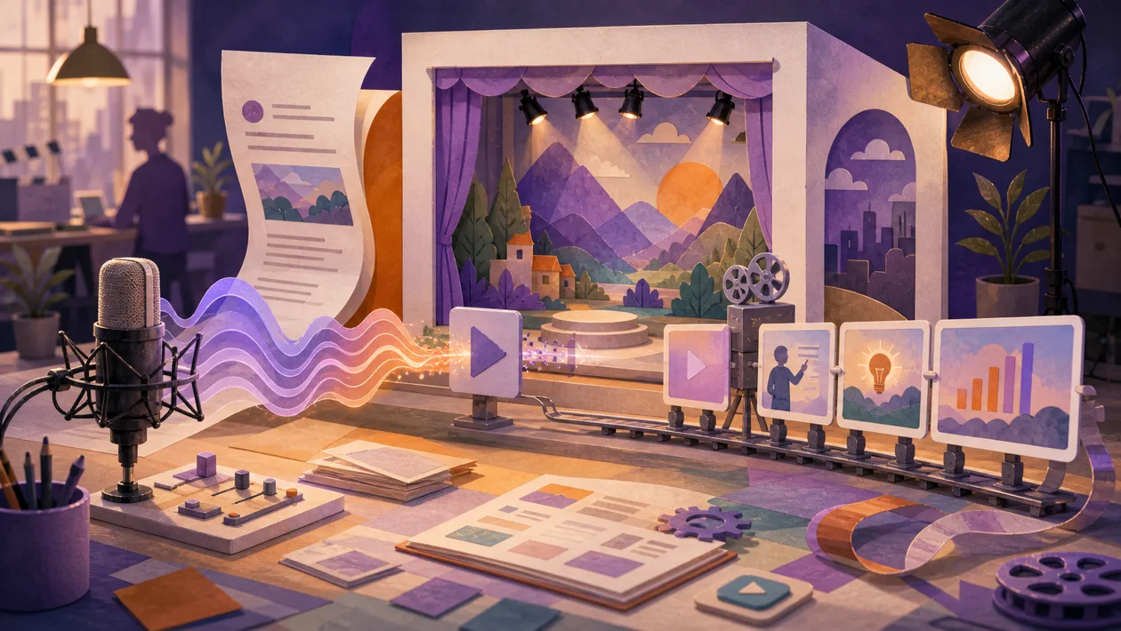 Illustration for Fliki: script, voice and scene cards become a video