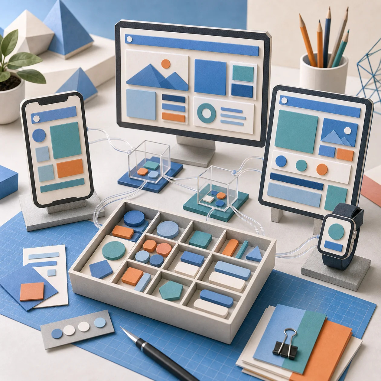 Illustration for Flutter (Google): cross-platform app components in neutral device frames
