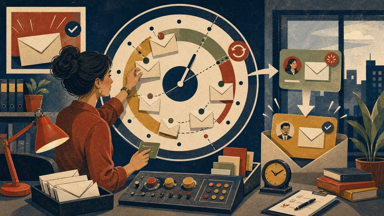 Illustration for FollowUp.cc: email reminders return to the desk at the right time