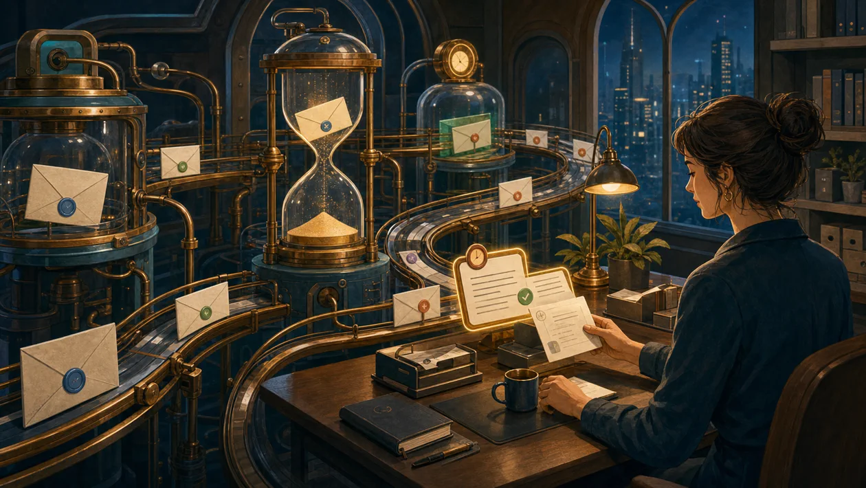Illustration for FollowUpThen: mailroom with time rails for scheduled follow-up reminders