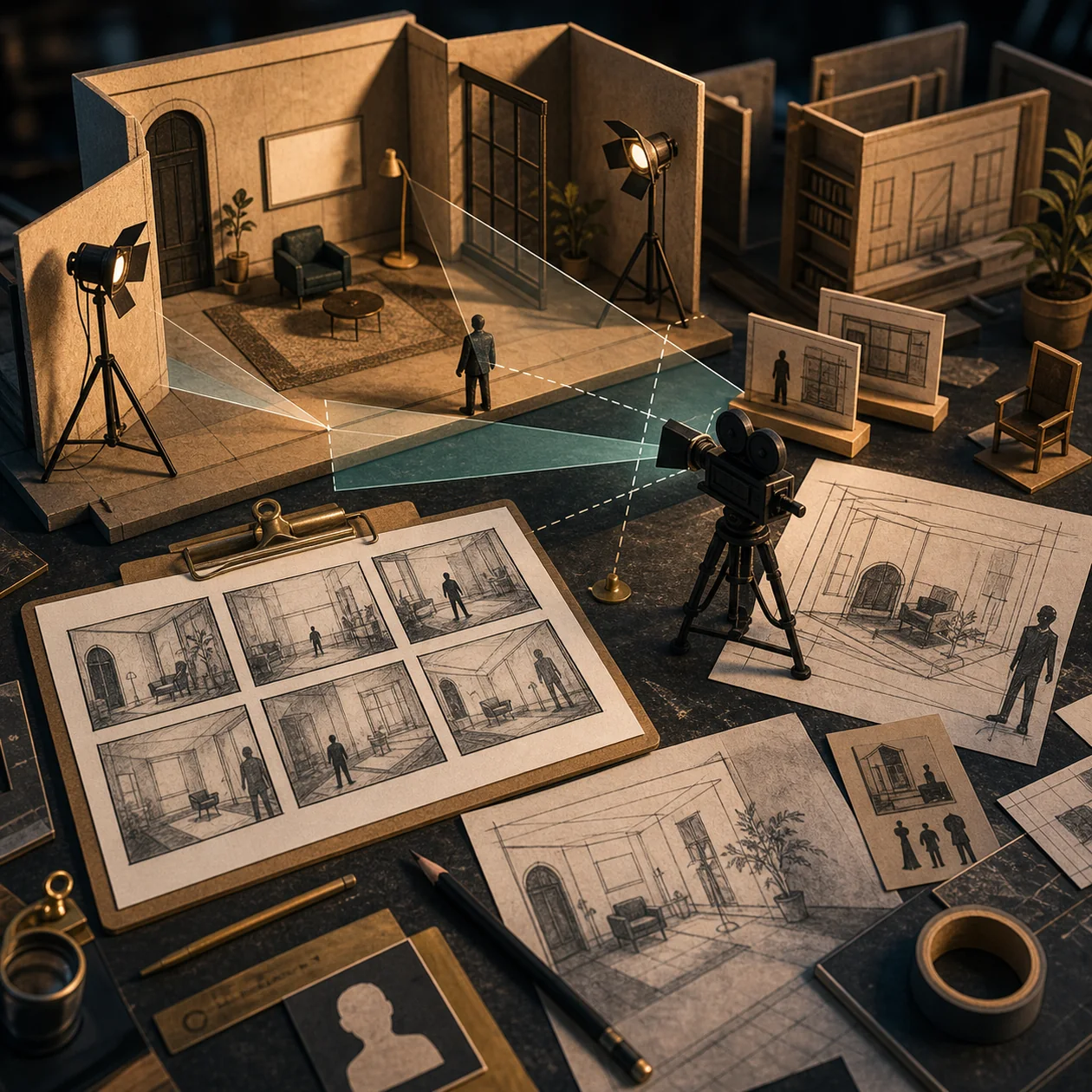 Illustration for FrameForge: miniature film set with camera angles, light, and storyboard cards