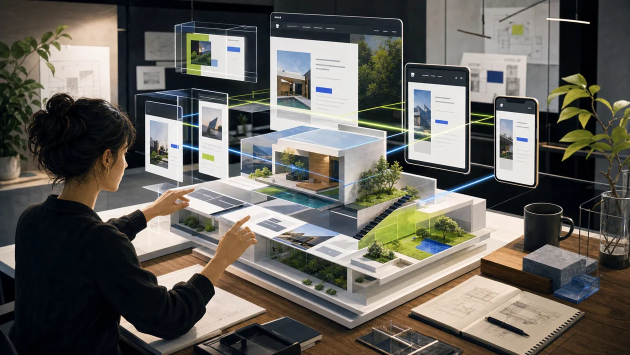 Illustration for Framer: website model emerges from responsive screens and interactions
