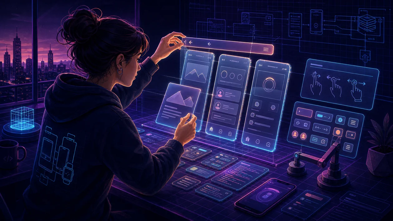 Illustration zu Framework7: Mobile App-Screens werden aus Komponenten und Gesten zusammengesetzt