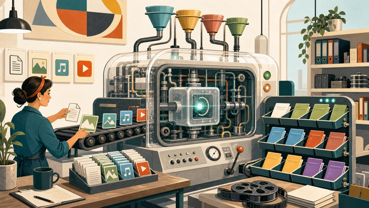 Illustration for FreeFileConvert: file cards are sorted in a conversion workshop