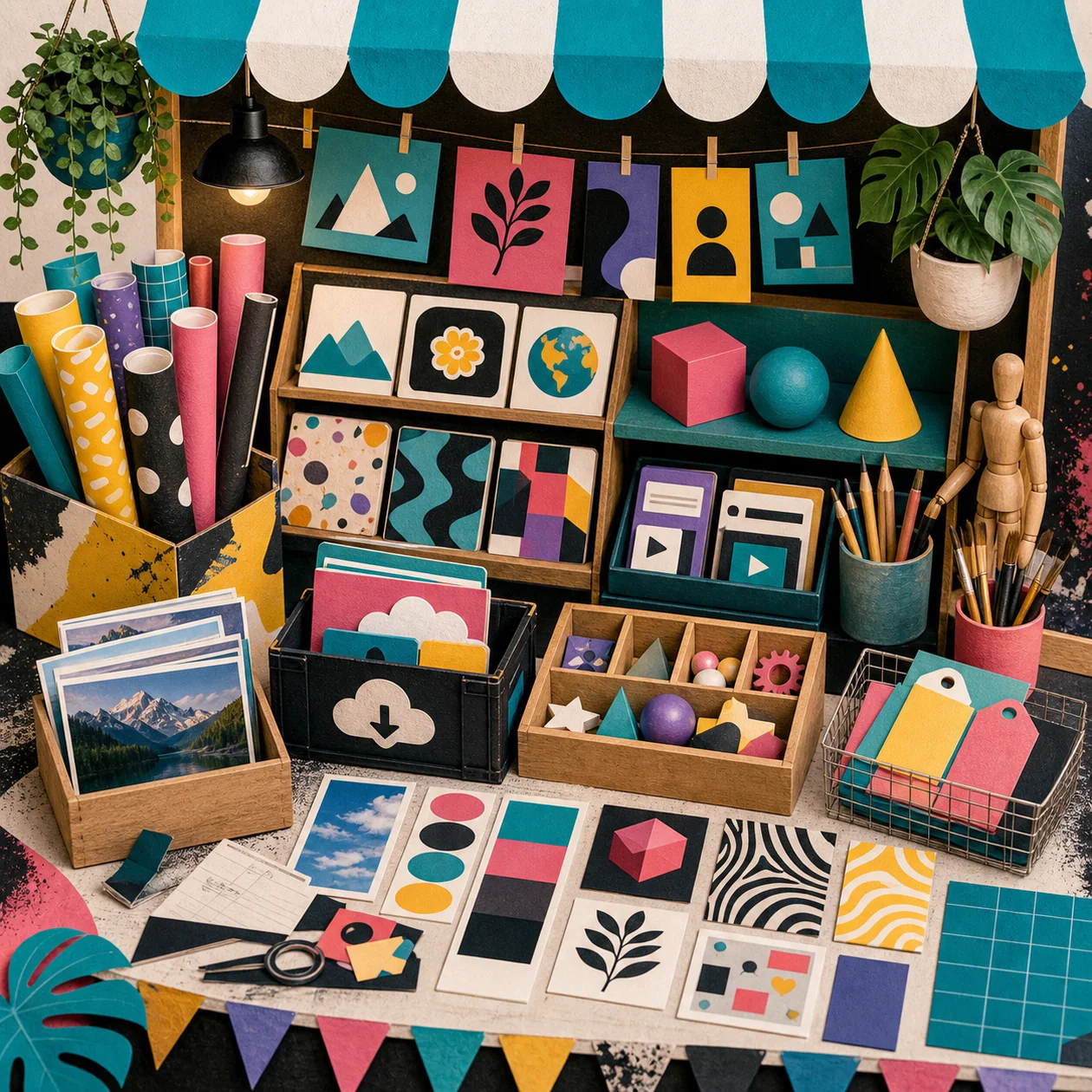 Illustration for Freepik: creative market with pattern rolls, image cards, and 3D shapes