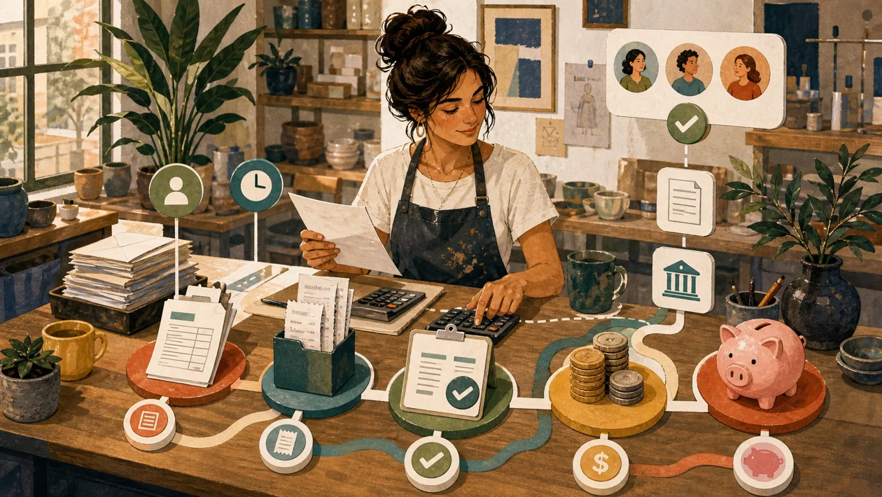 Illustration for FreshBooks: studio owner organizes invoices, receipts and payment paths