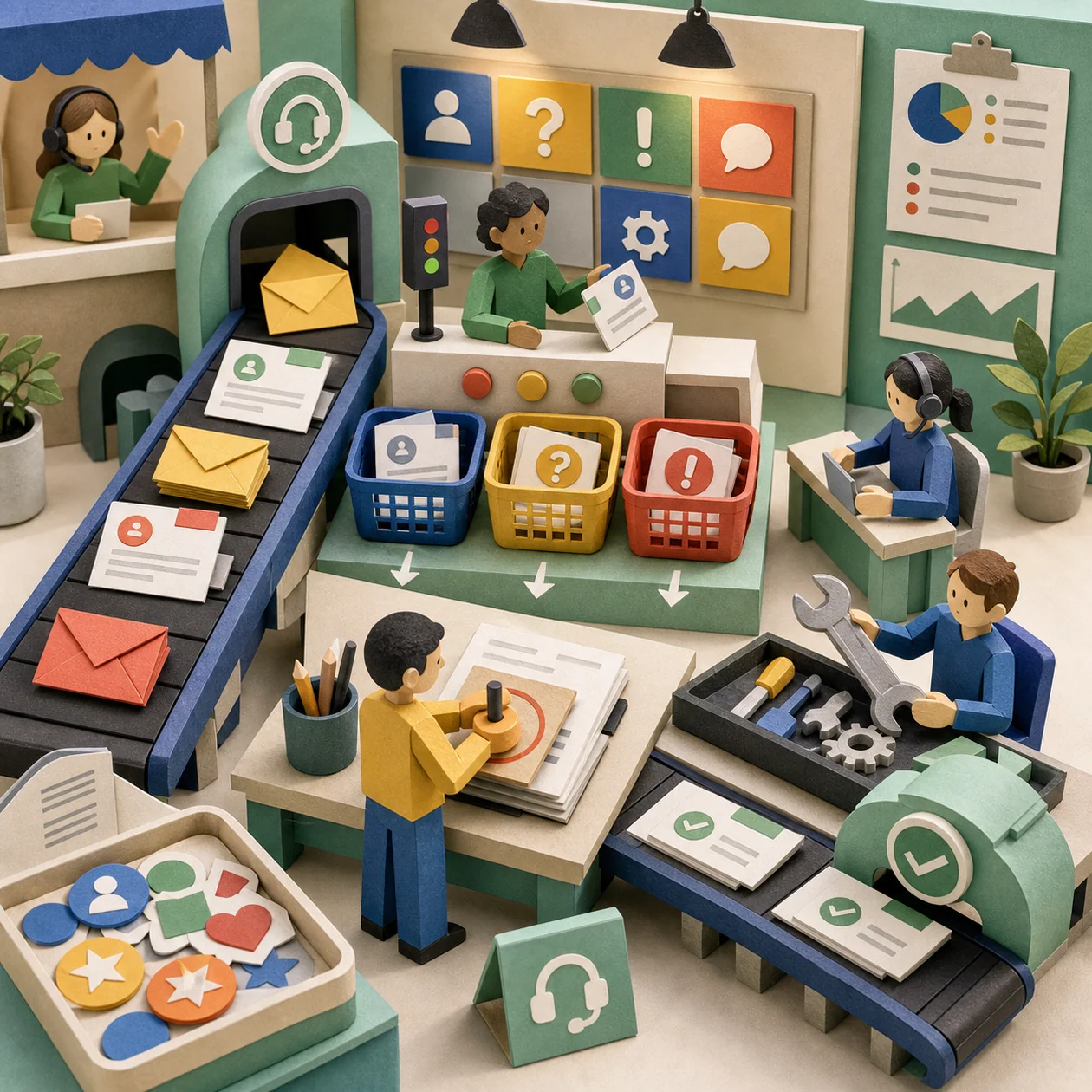 Illustration for Freshdesk: support workshop with ticket cards, envelopes, and resolution stamps
