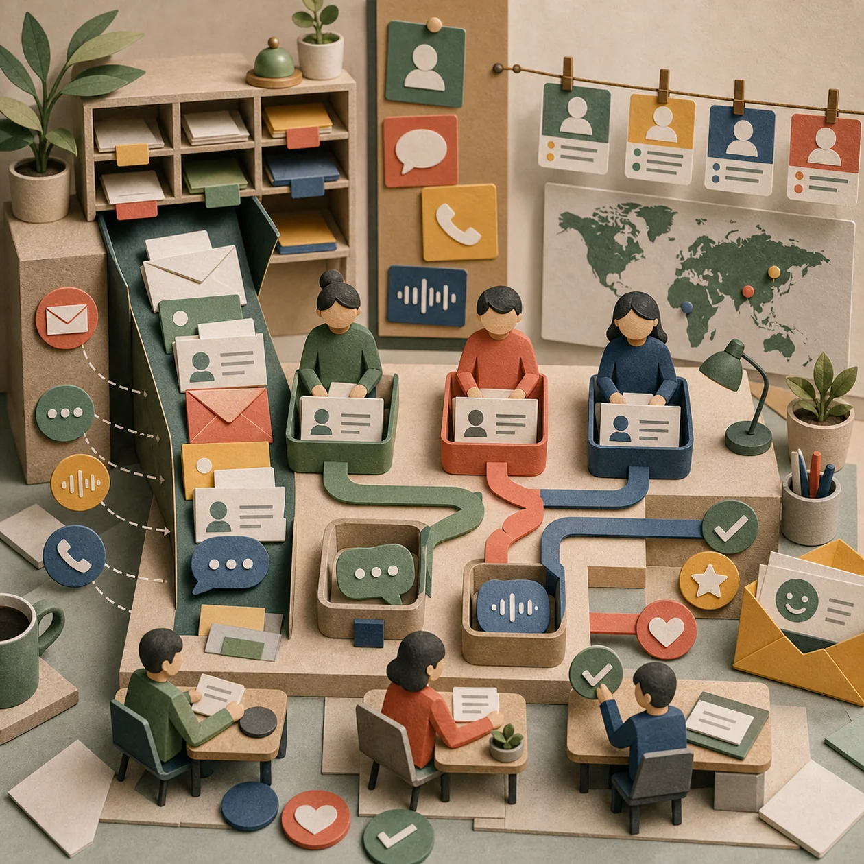 Illustration for Front: front-office mailroom with team trays and handoff ribbons