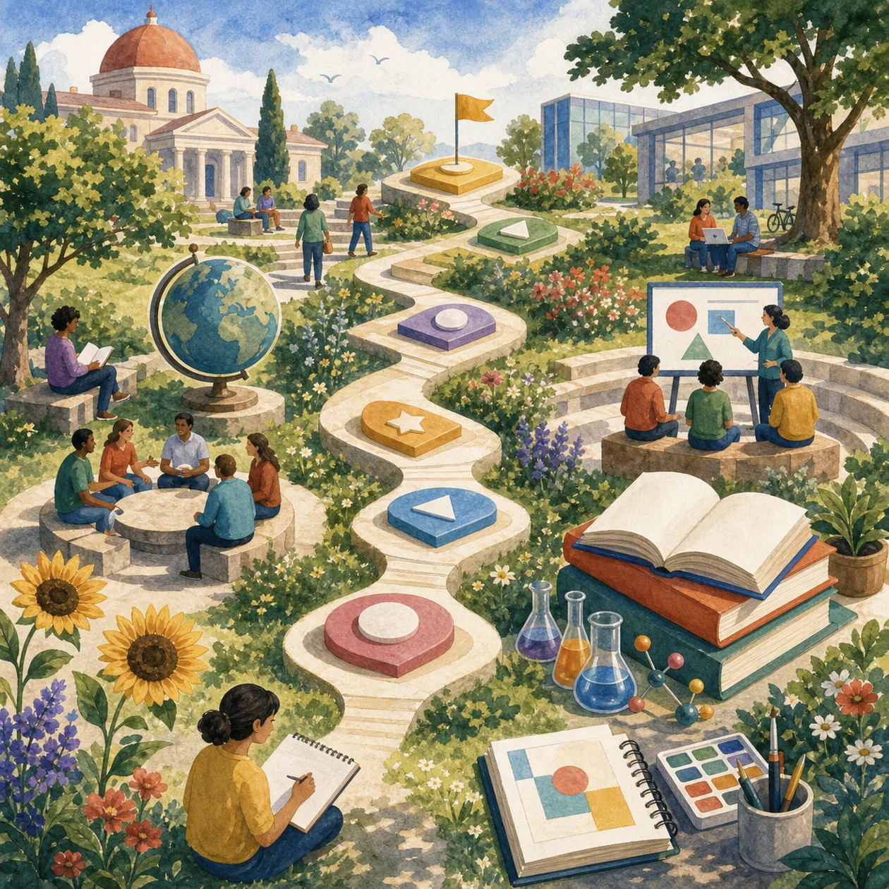 Illustration zu FutureLearn: Kursweg durch einen hellen Campusgarten mit Lernstationen