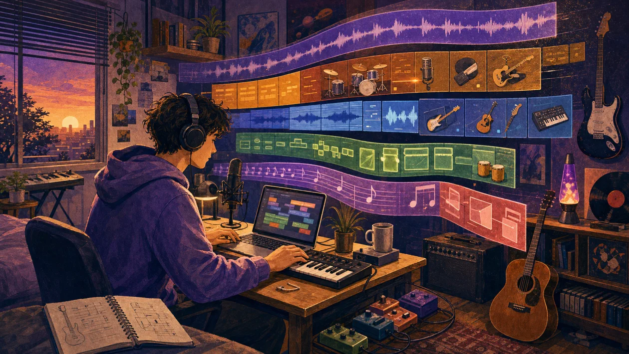 Illustration for GarageBand: bedroom studio builds songs from loops, instruments and tracks