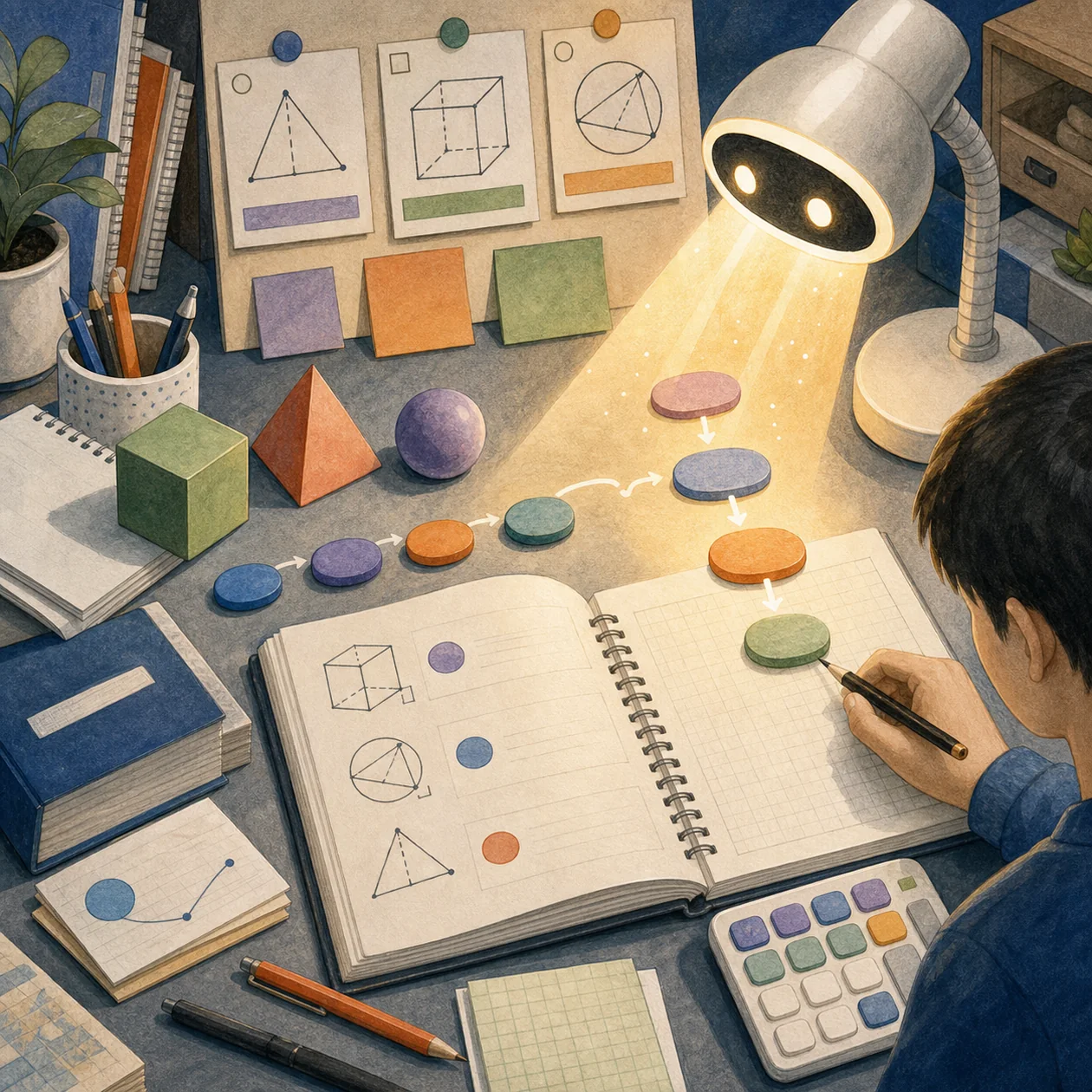 Illustration for Gauth: study table with geometry shapes, problem cards, and tutor lamp