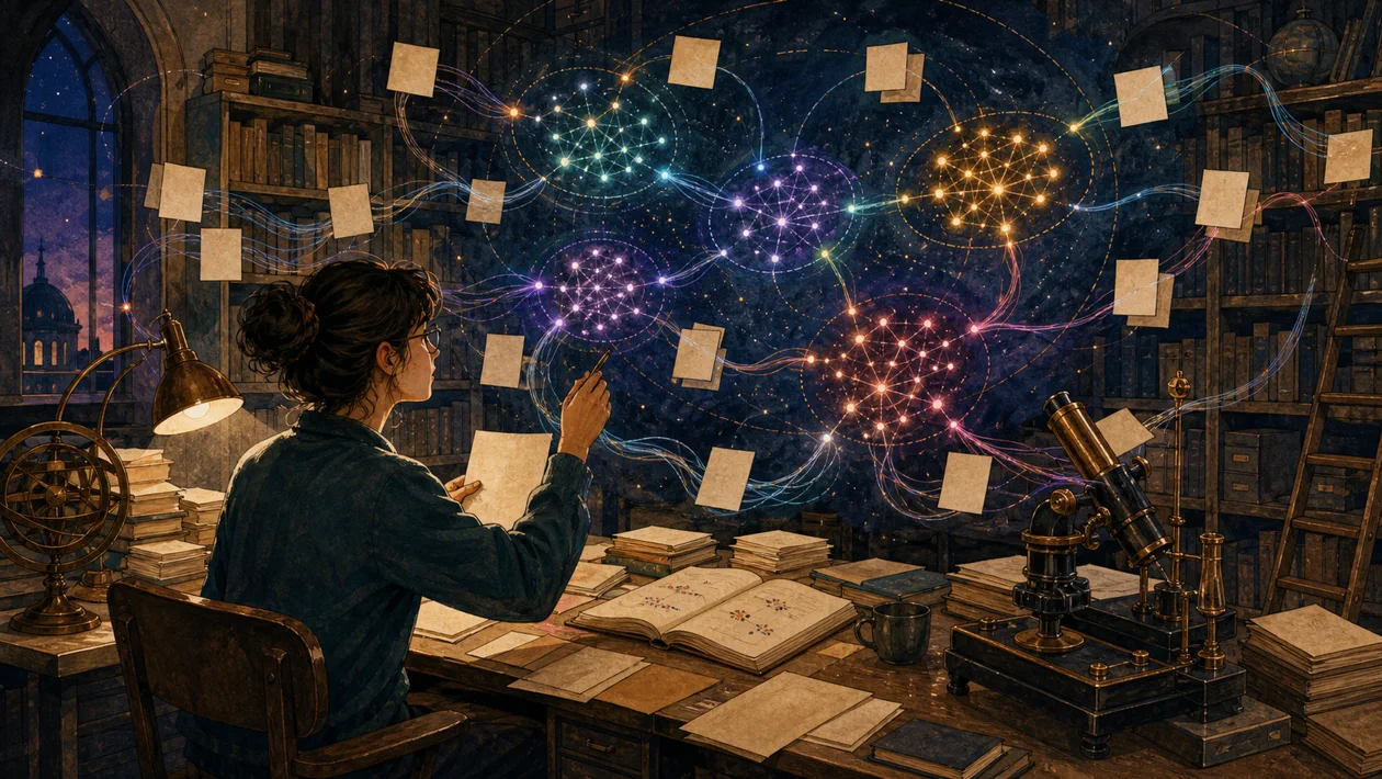 Illustration for Gensim: documents become topic clusters in a research library
