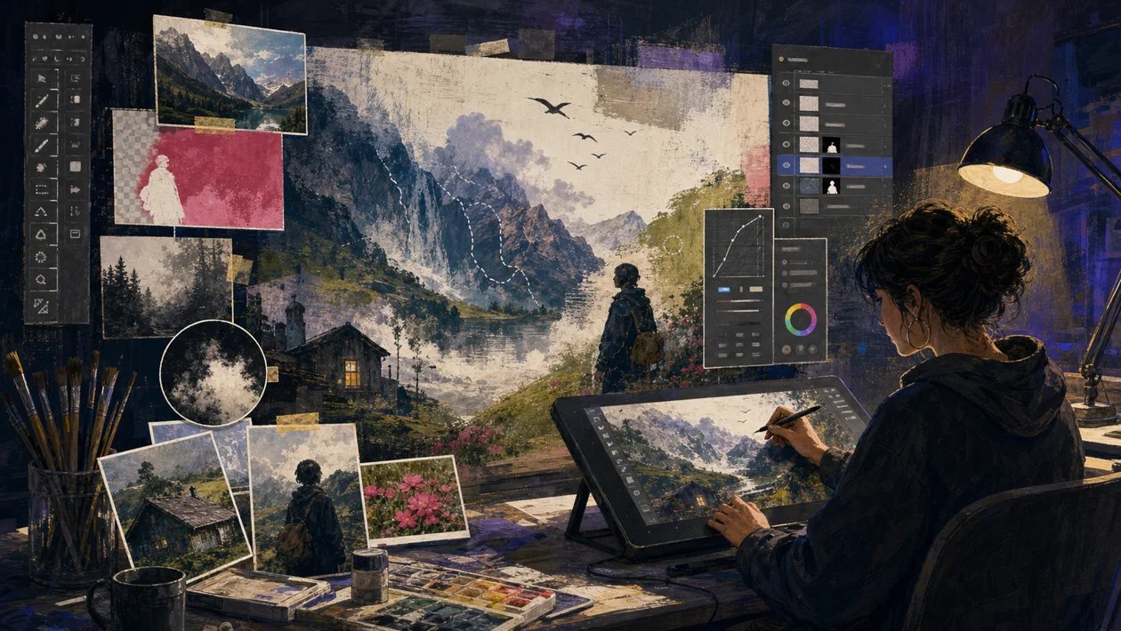 Illustration for GIMP: digital darkroom studio for layers, masks and compositing