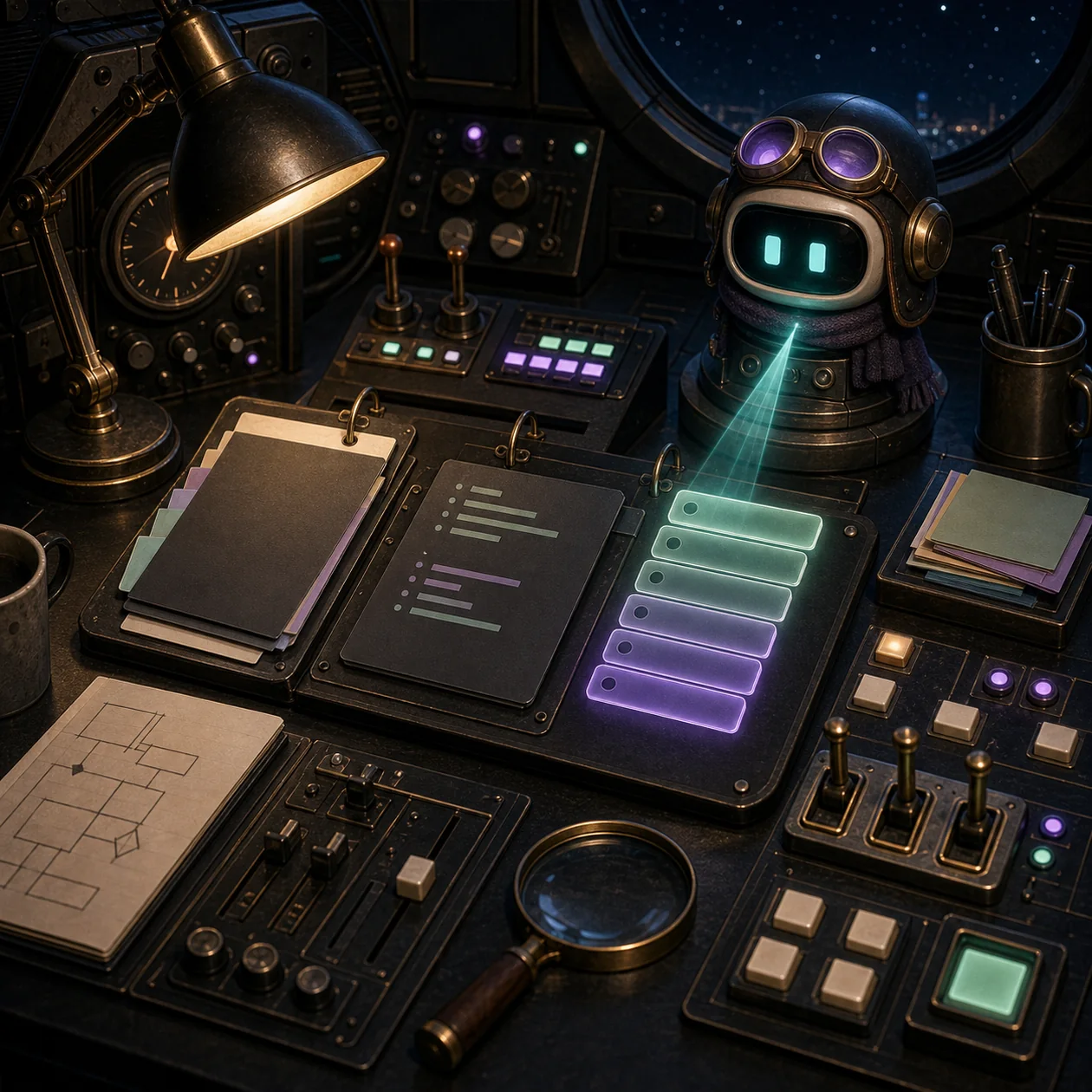 Illustration for GitHub Copilot: coding cockpit with suggestion blocks and navigation light