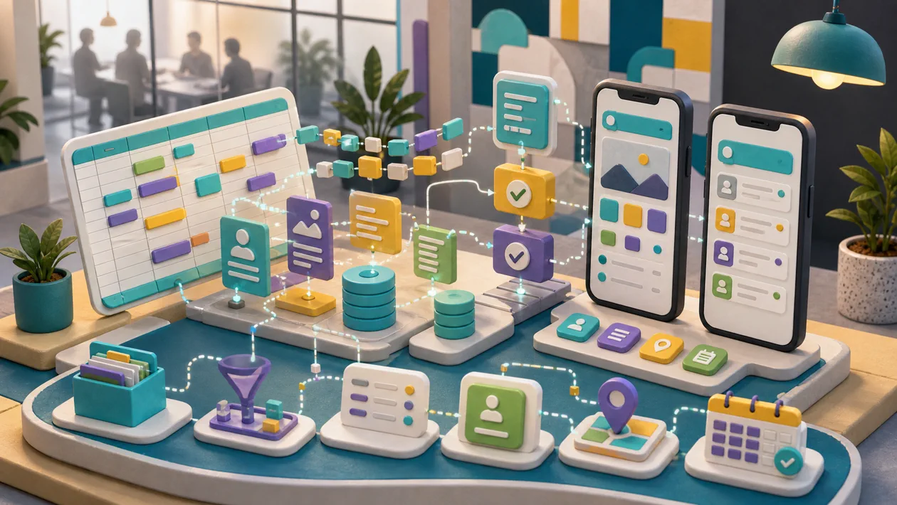 Illustration for Glide: spreadsheet data grows into mobile app cards and forms