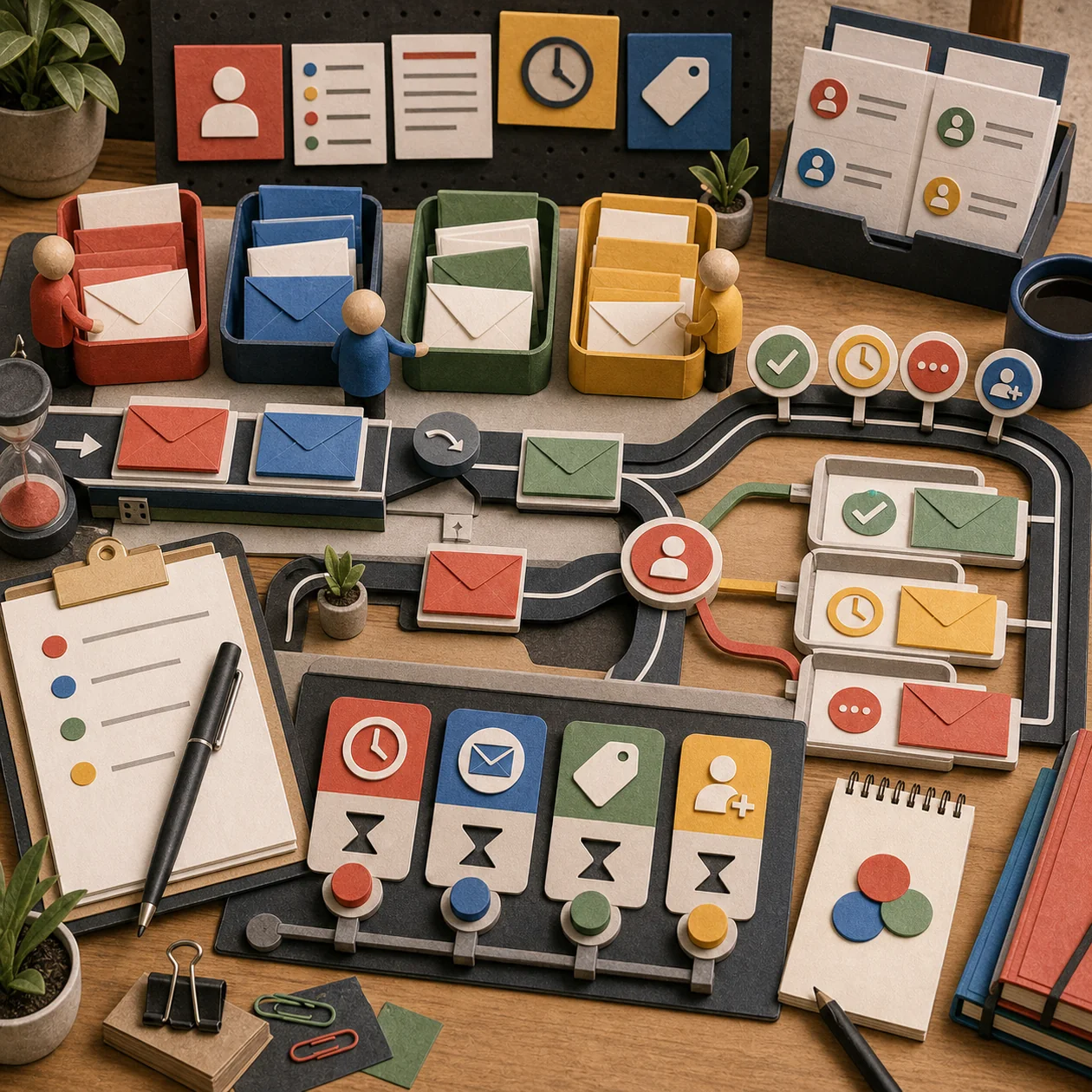 Illustration for Gmelius: email workflow table with team trays and automation rails