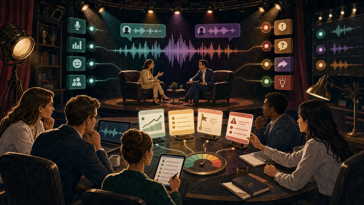 Illustration for Gong.io: sales call stage with speech signals, coaching and deal cues