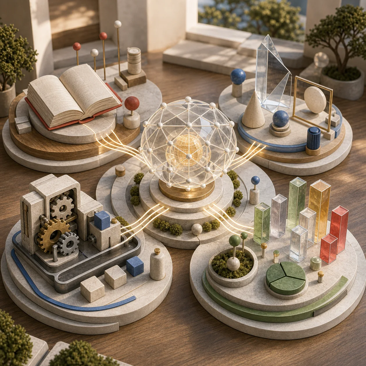 Illustration for Google AI: abstract AI research lab of books, prisms, and data crystals