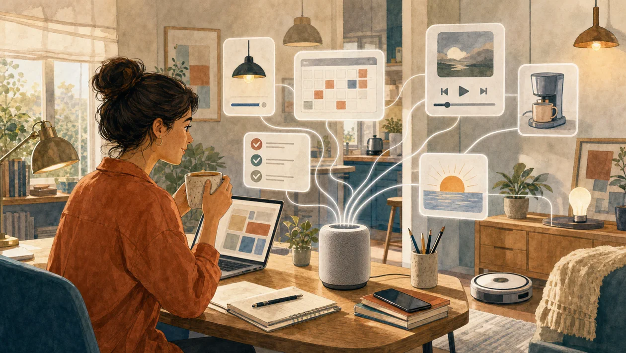 Illustration for Google Assistant: voice assistant coordinates daily tasks, reminders and smart-home signals