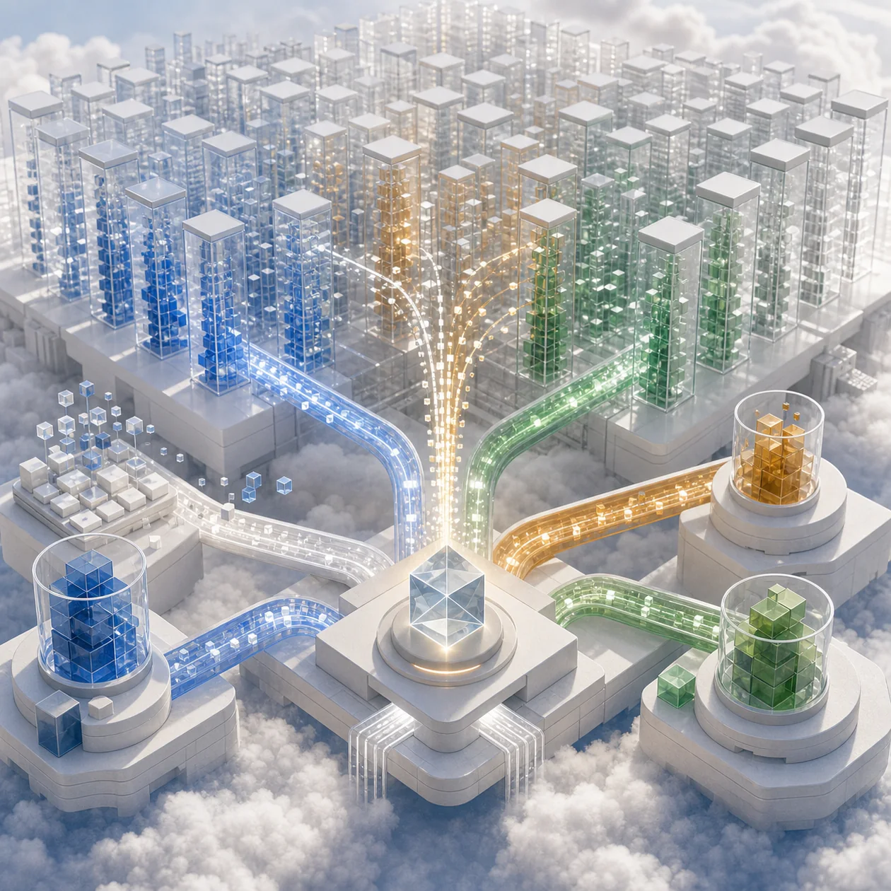 Illustration for Google BigQuery: serverless data warehouse of floating glass columns and query light