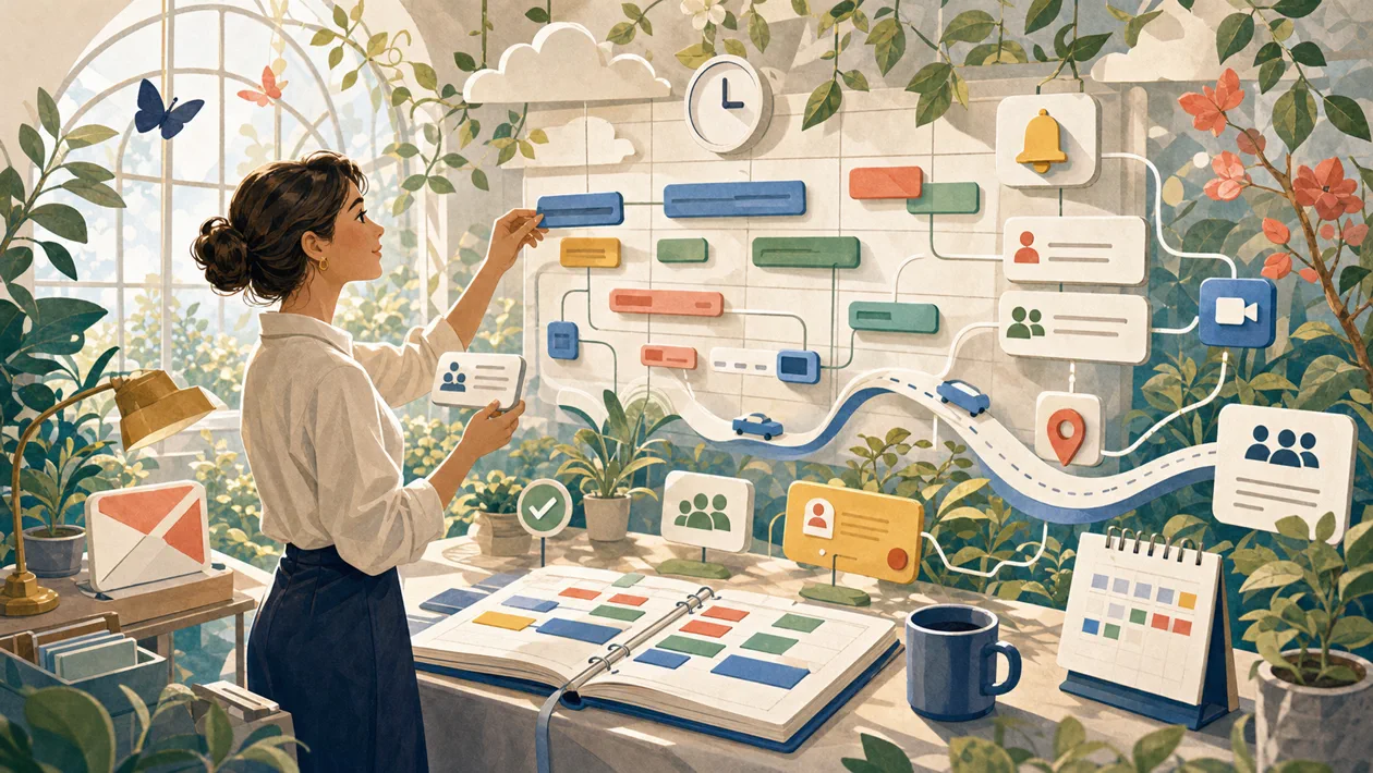 Illustration for Google Calendar: calendar garden organizes events, reminders and availability