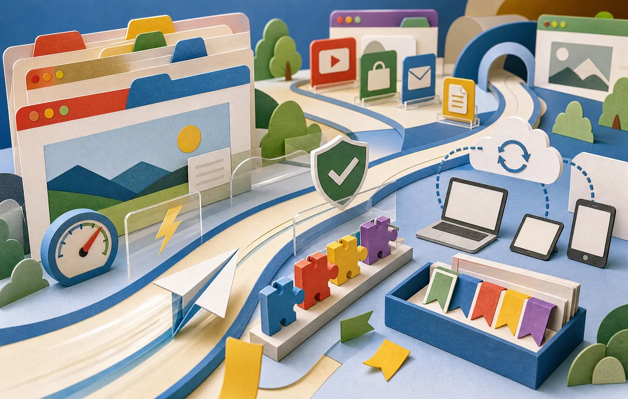 Illustration zu Google Chrome: Browserkarten, Erweiterungen und sichere Wege ordnen Webarbeit