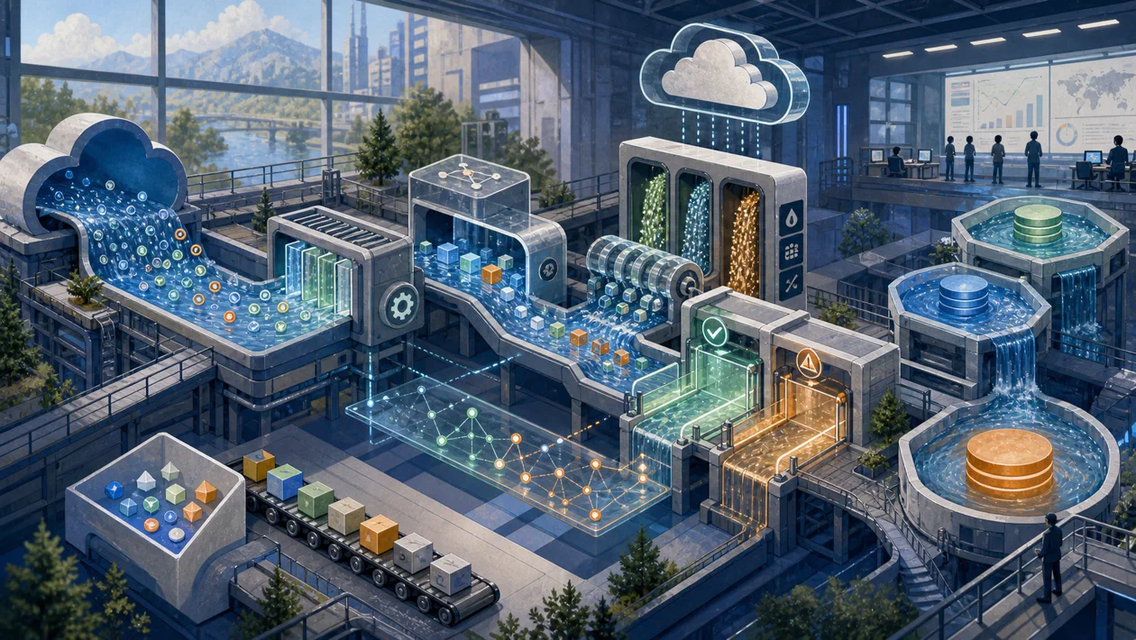 Illustration for Google Cloud Dataflow: data canals move streams and batches through transformation stations
