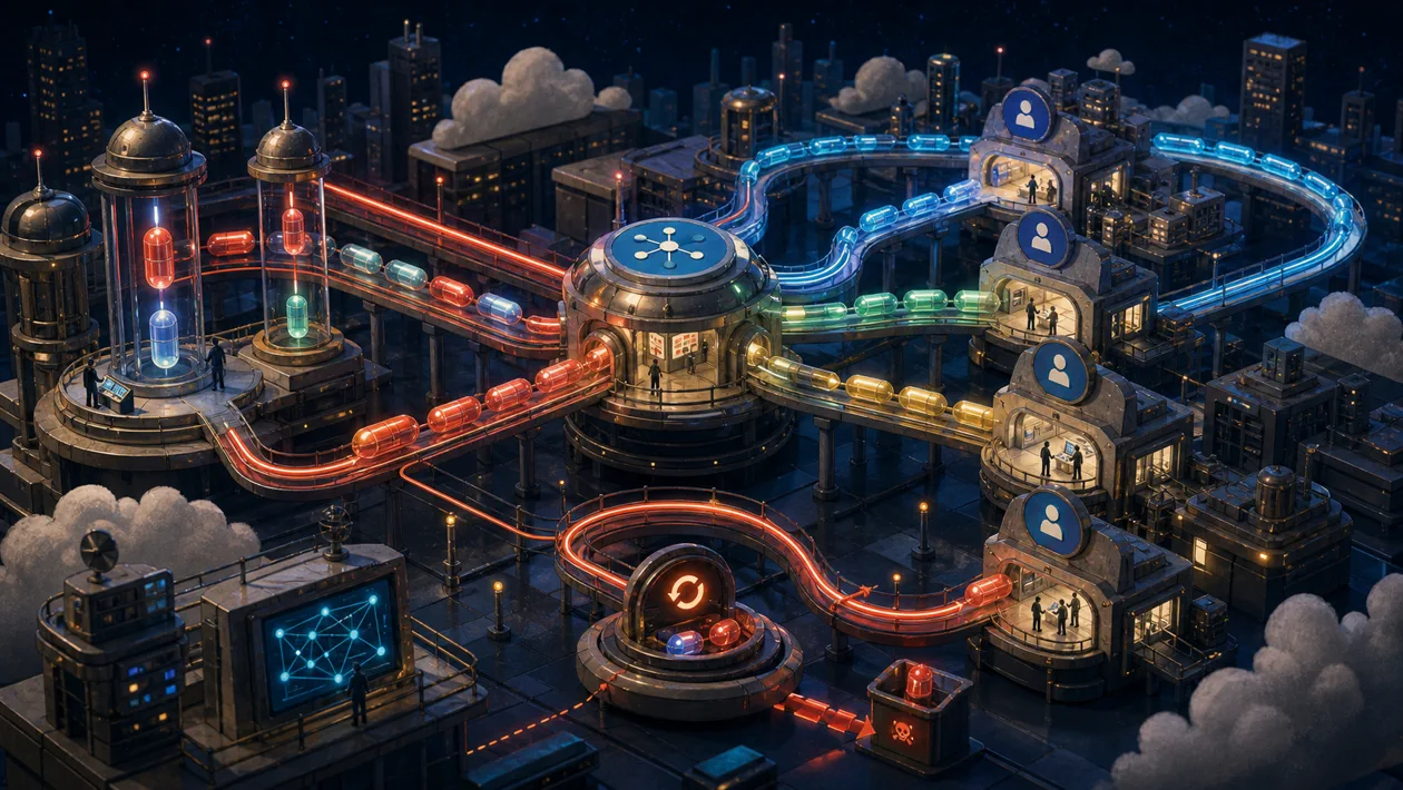 Illustration zu Google Cloud Pub/Sub: Nachrichtenkapseln fahren durch Topic-Stationen zu Subscriber-Docks