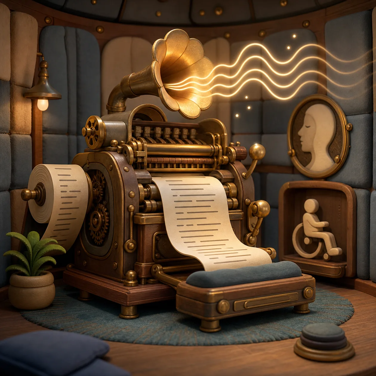 Illustration for Google Cloud Text-to-Speech: mechanical speech machine turning paper strips into sound waves