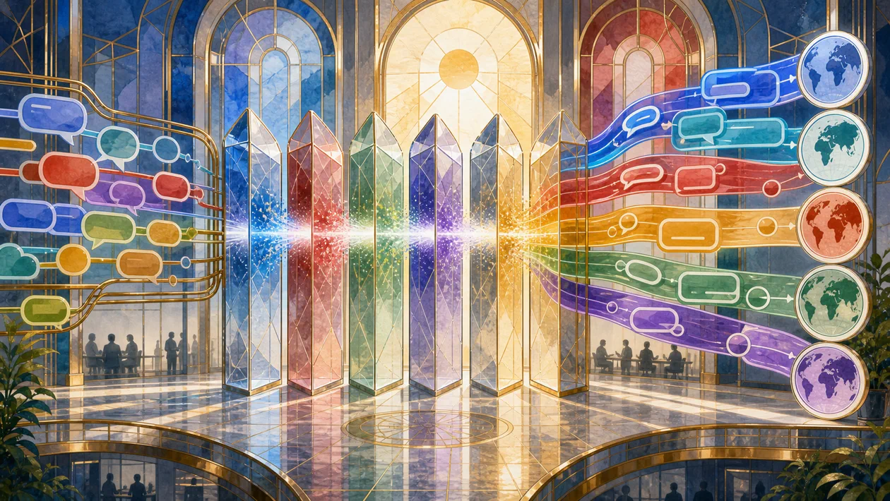Illustration for Google Cloud Translation: language signals pass through colorful translation prisms