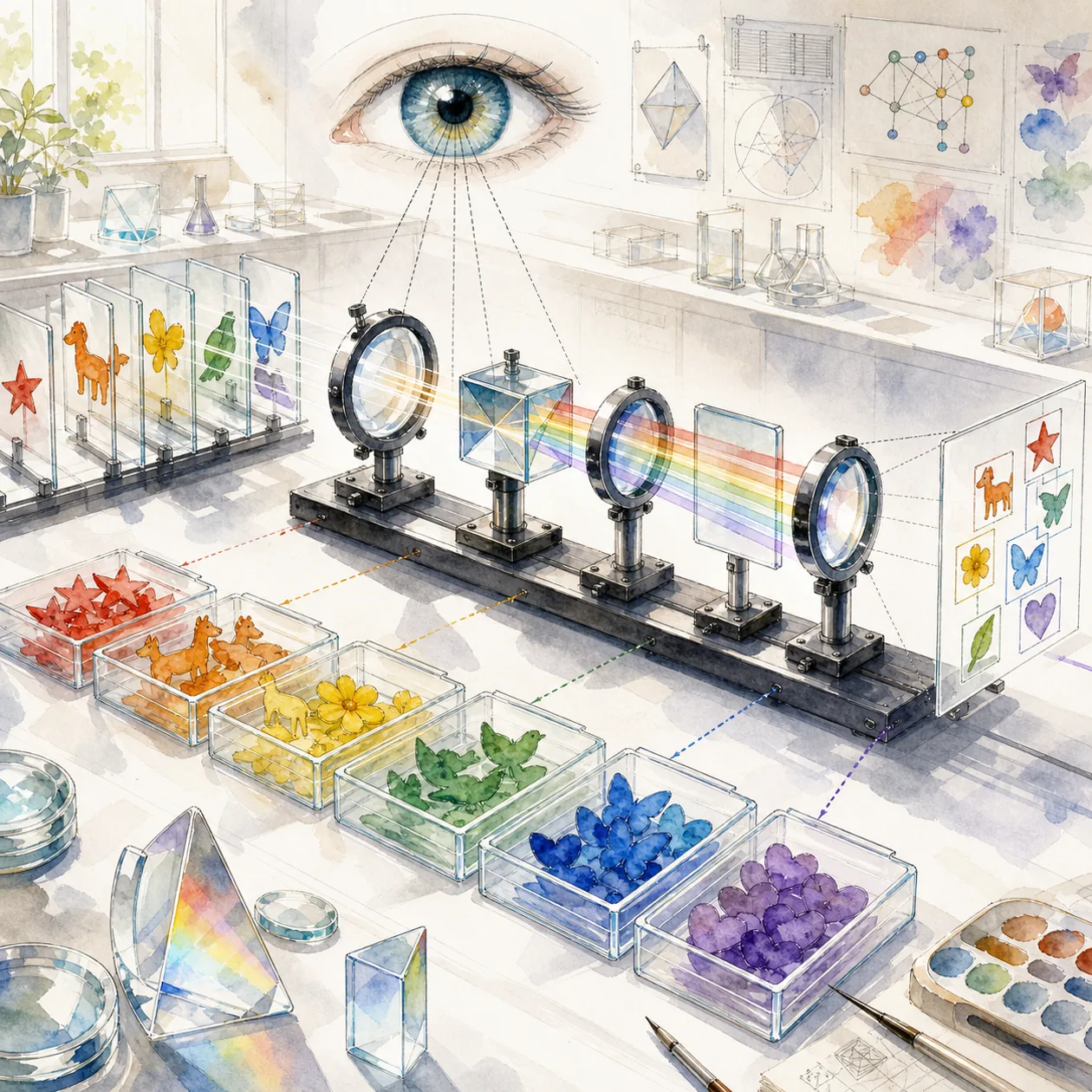 Illustration for Google Cloud Vision AI: optical workbench with prisms and sorted color crystals