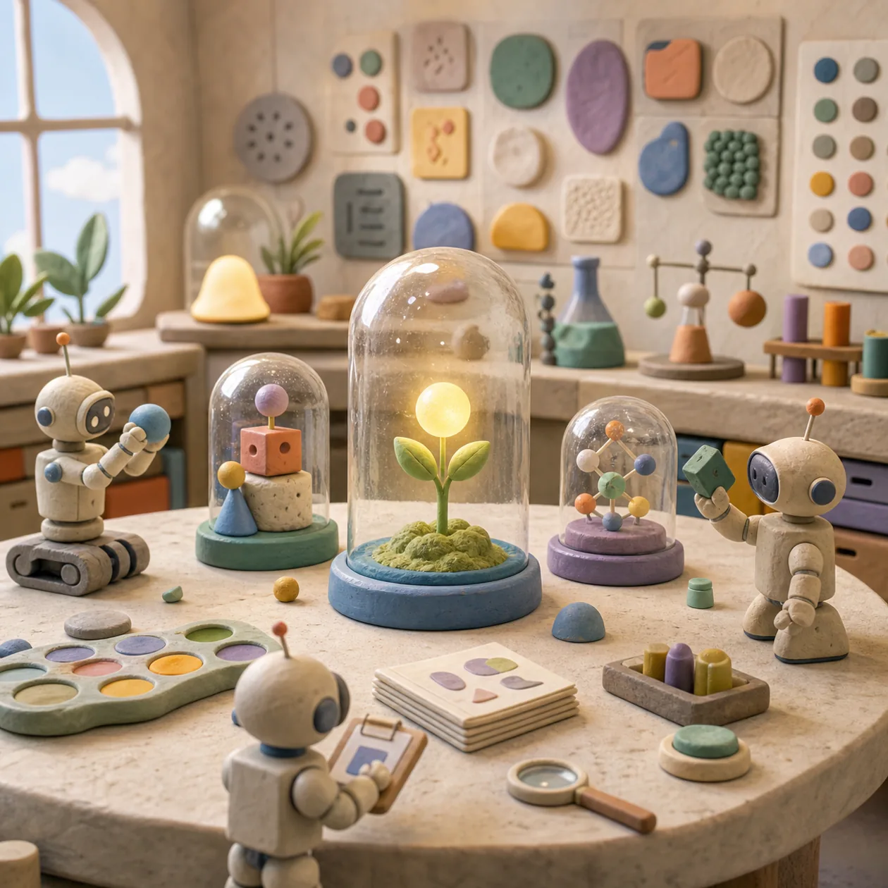 Illustration for Google Labs: experiment table with prototypes under glass domes