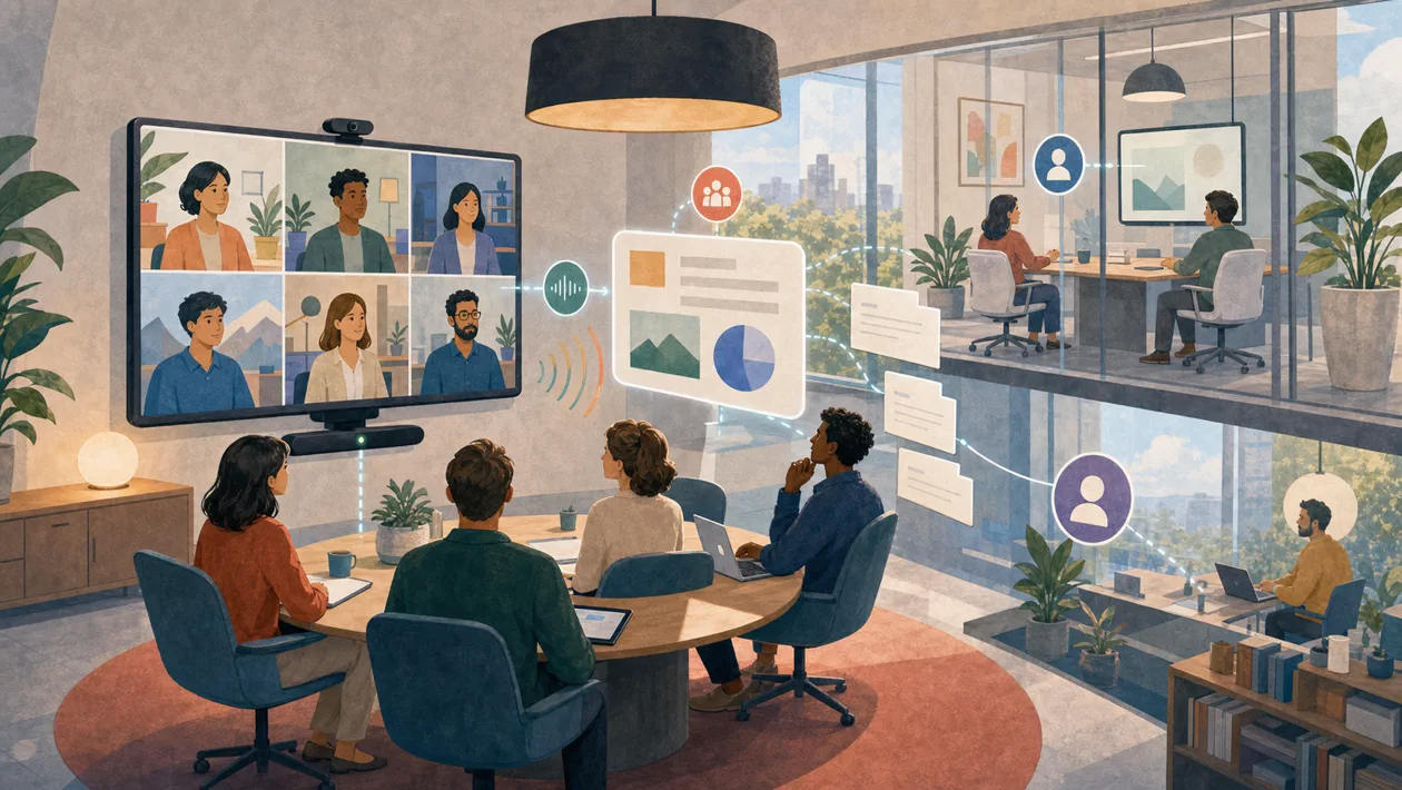 Illustration zu Google Meet: Hybrider Meetingraum verbindet Videofenster, Notizen und Sprachsignale