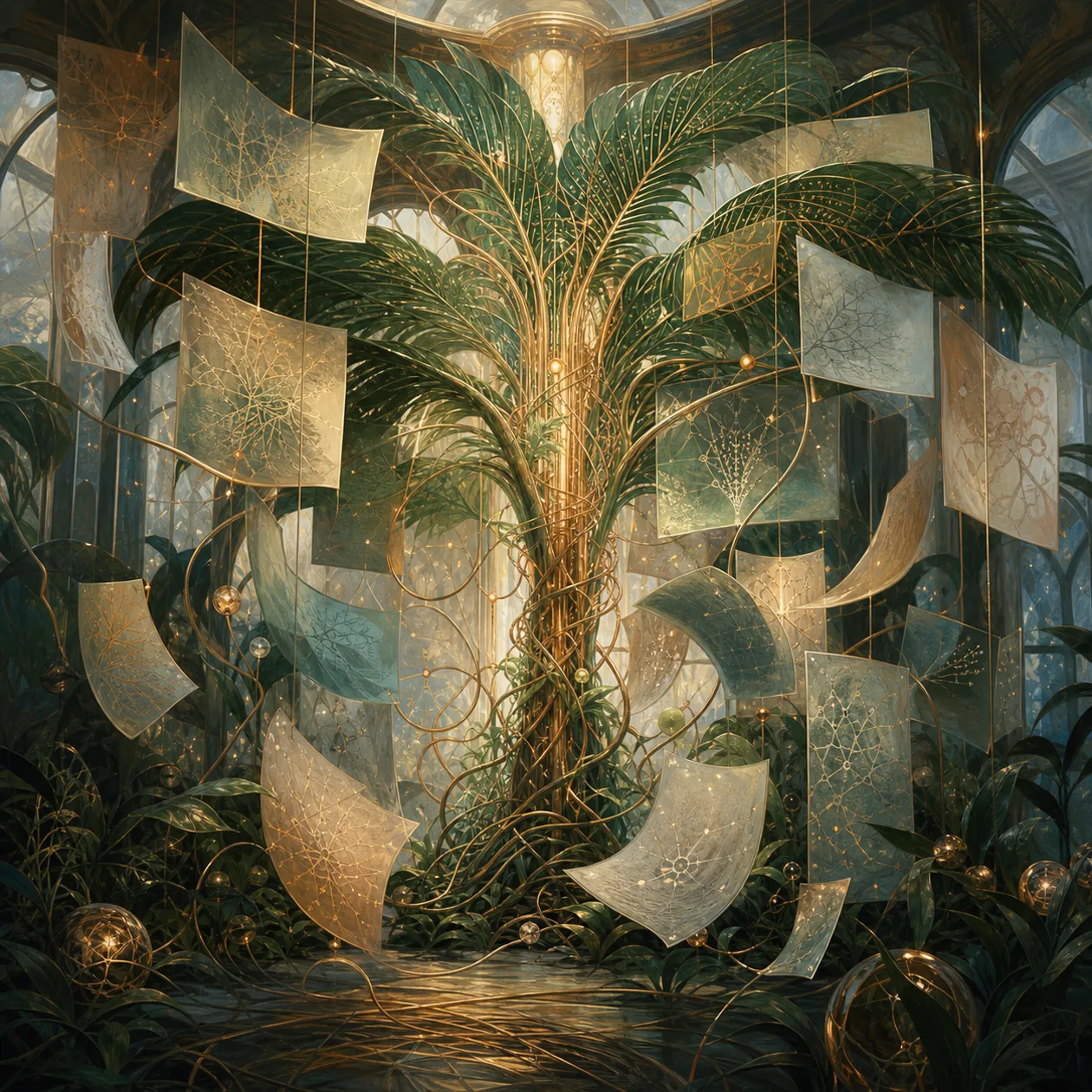 Illustration for Google PaLM: neural palm structure inside a botanical knowledge house