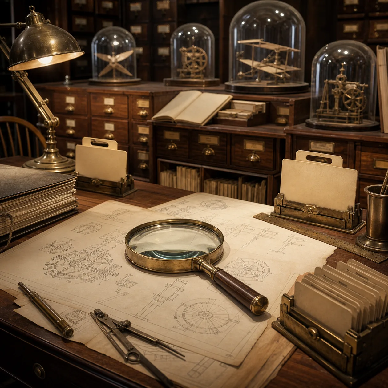 Illustration for Google Patents: patent archive with magnifier, blank blueprints and invention models