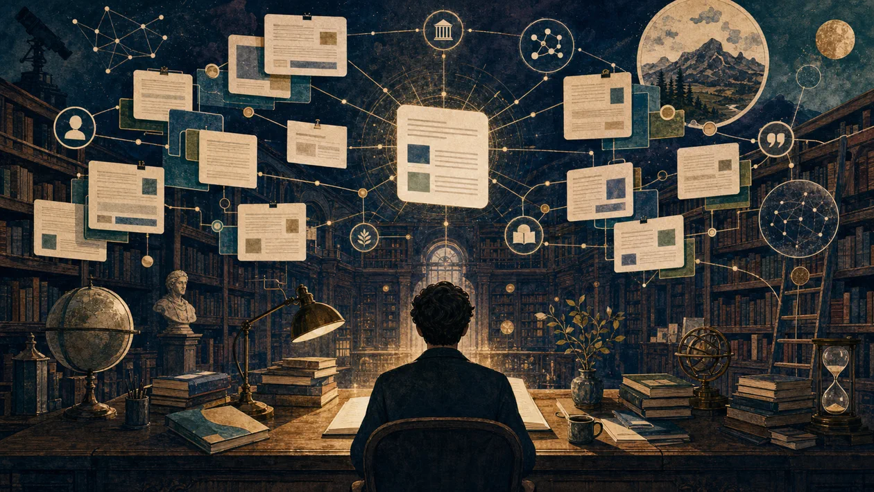 Illustration for Google Scholar: citation library connects study cards and research questions