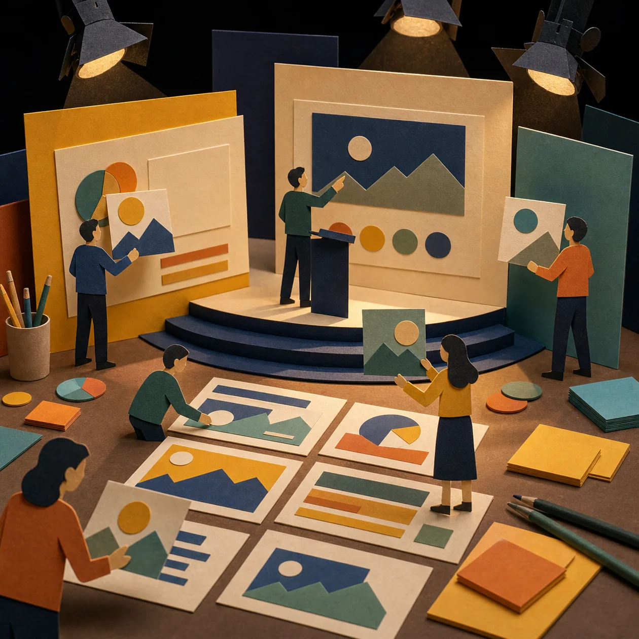 Illustration for Google Slides: paper stage with blank presentation cards and spotlights