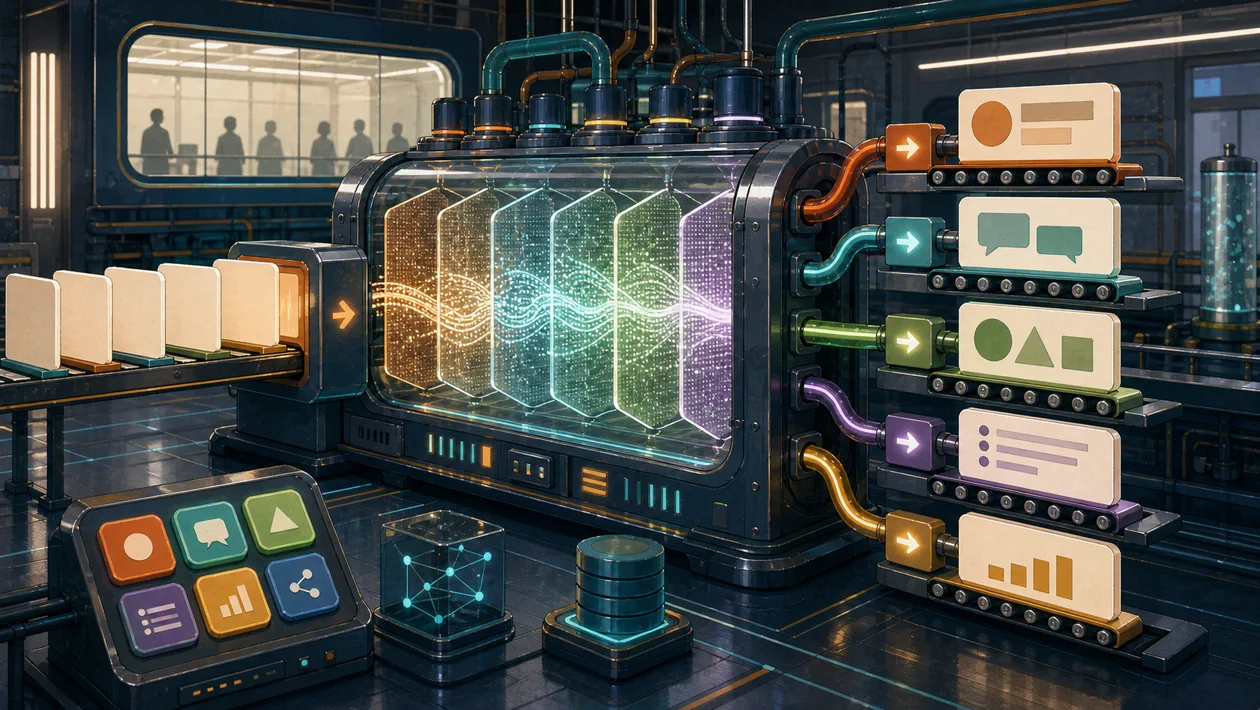 Illustration for Google T5: model foundry turns input cards into different text tasks