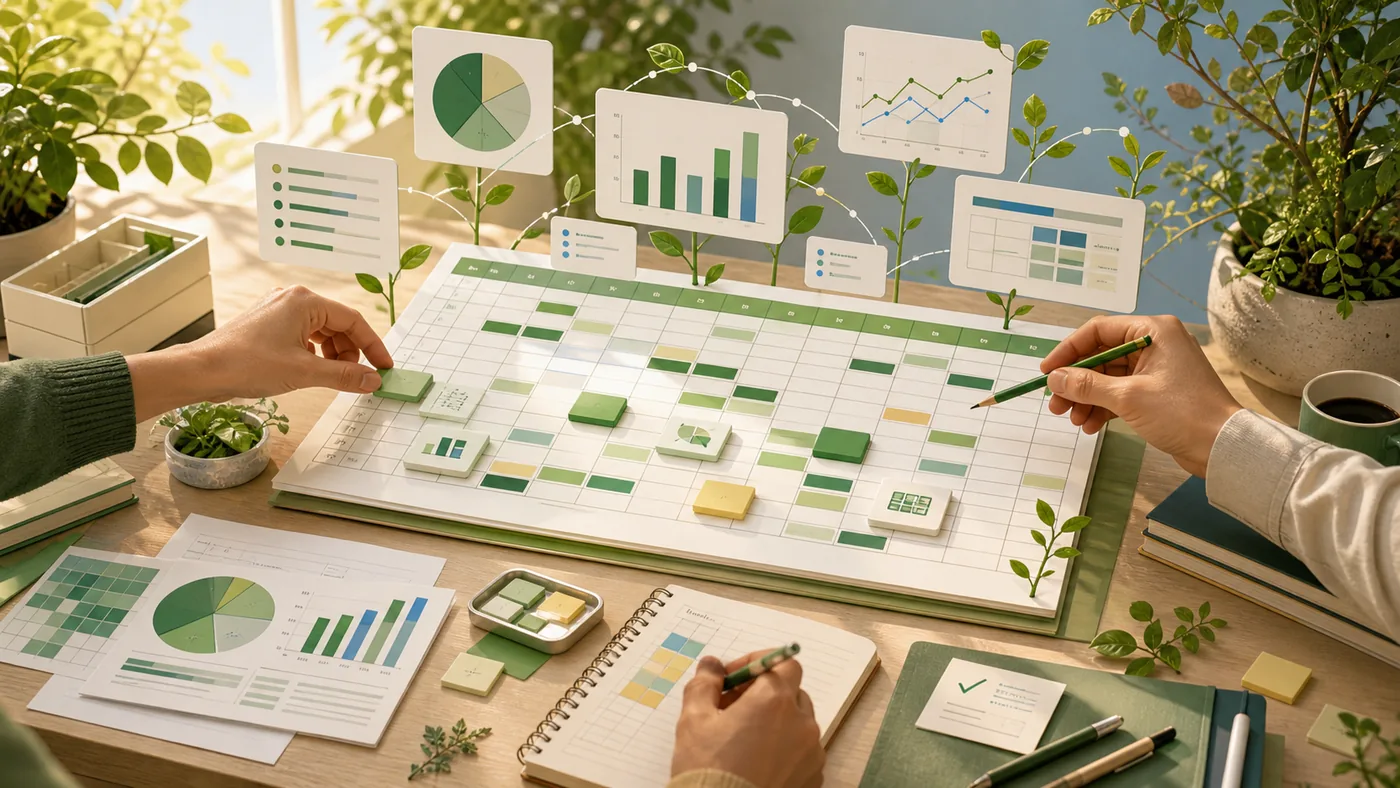 Illustration for Google Sheets: spreadsheet grid, formula threads and charts becoming a planning board