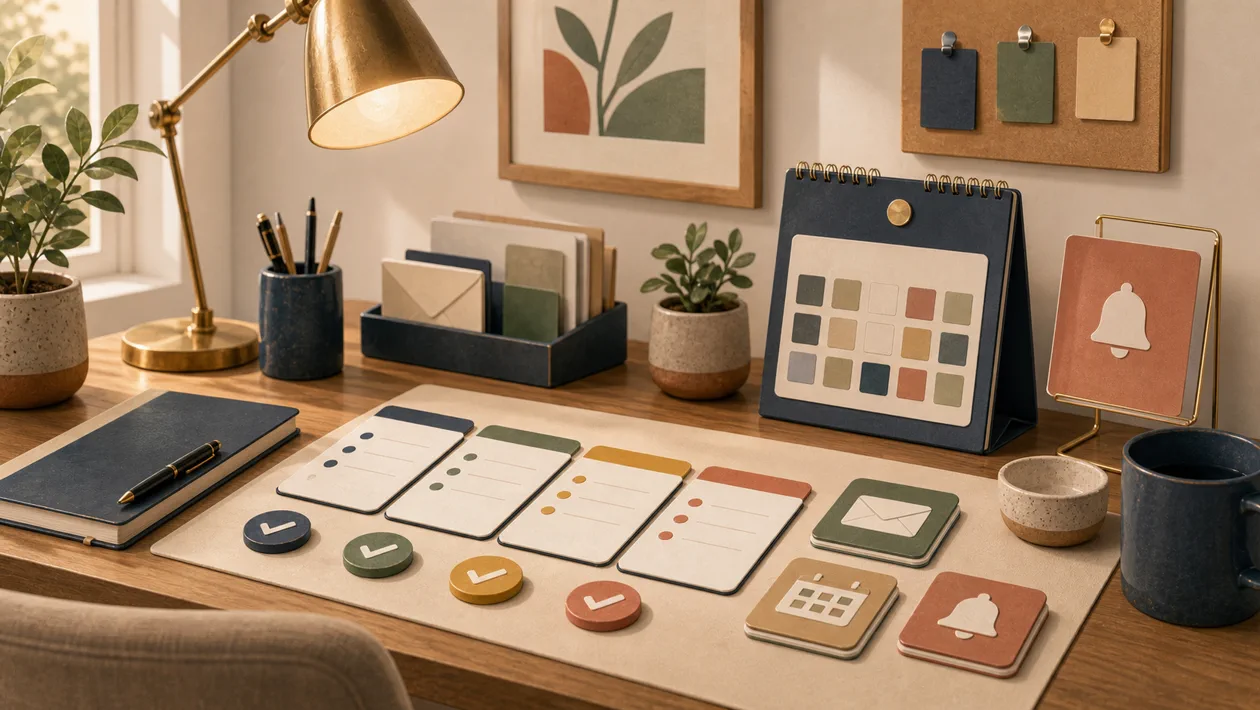 Illustration zu Google Tasks: Ruhiger Schreibtisch ordnet Aufgaben, Erinnerungen und Kalenderkacheln